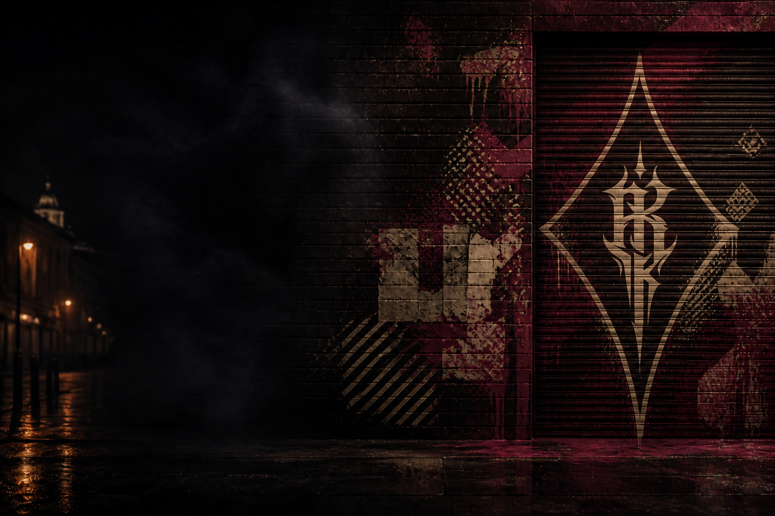 Mural urbano nocturno con el emblema de The Risky Burger